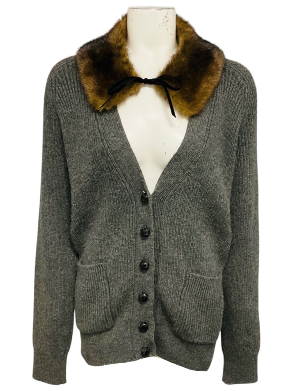 SAINT LAURENT GREY FAUX FUR COLLARED CAMEL HAIR KNIT CARDIGAN SWEATER